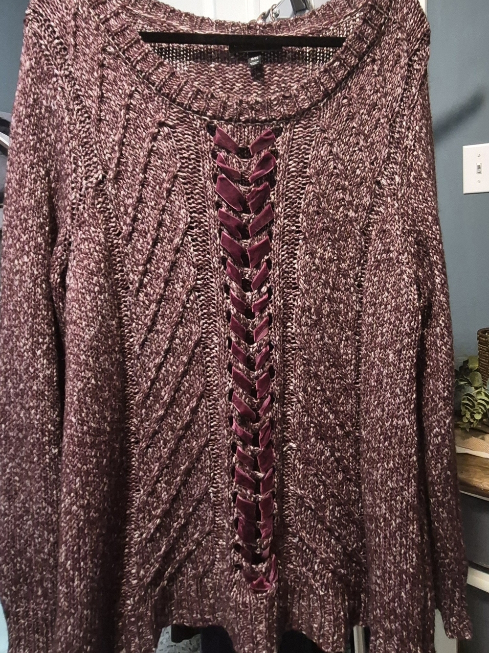 Lane Bryant Marled Wine Cable Knit Sweater with Velvet Lace-Up Sz 18/20